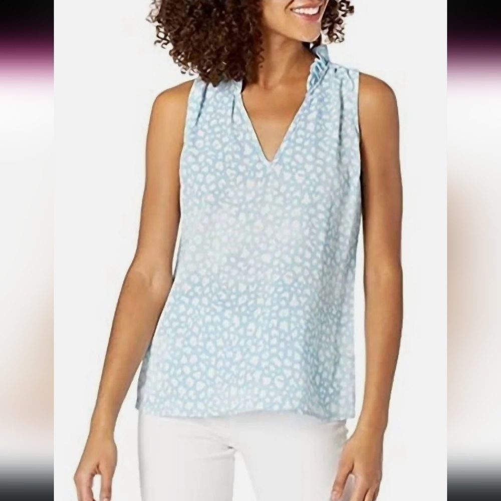 MUDPIE Ferah Tank Size Small Blue Leopard Ruffle Collar Tank Top